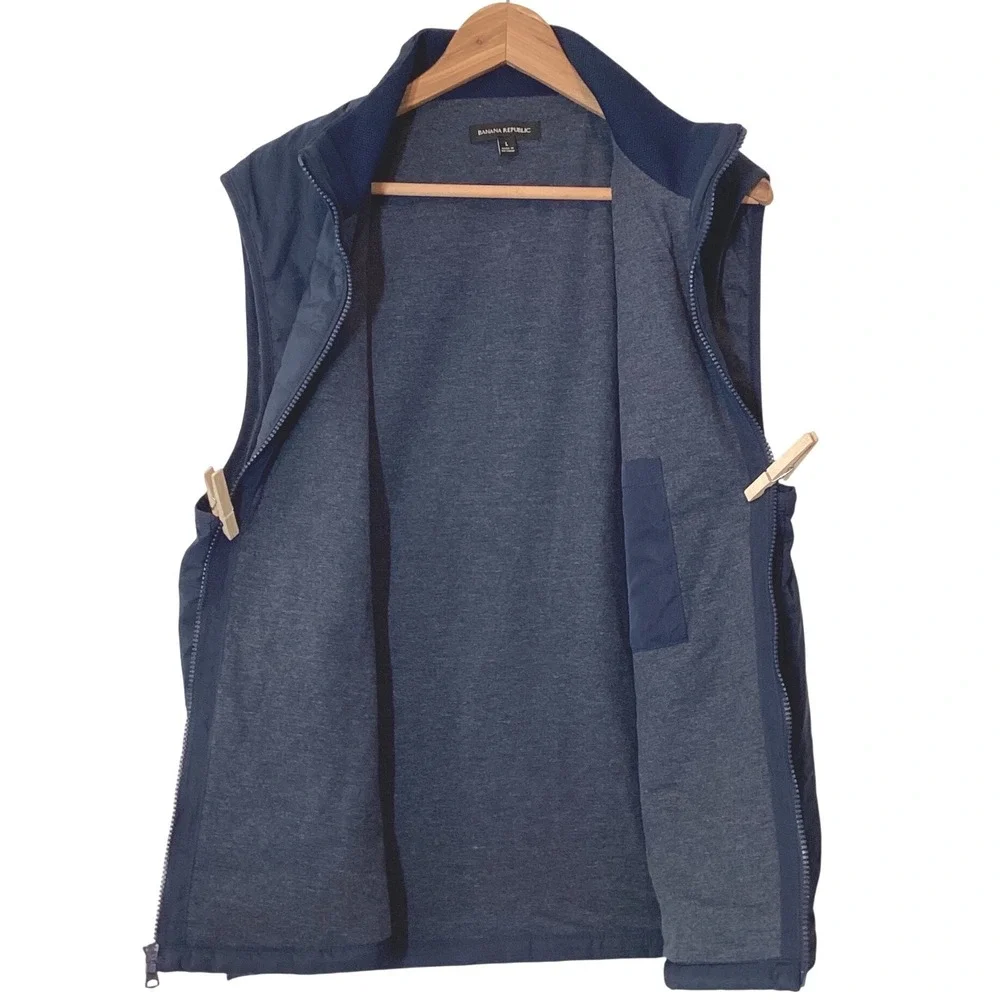 Banana Republic Mens Navy Blue Quilted Puffer Vest Full Zip Jersey Lined - Large